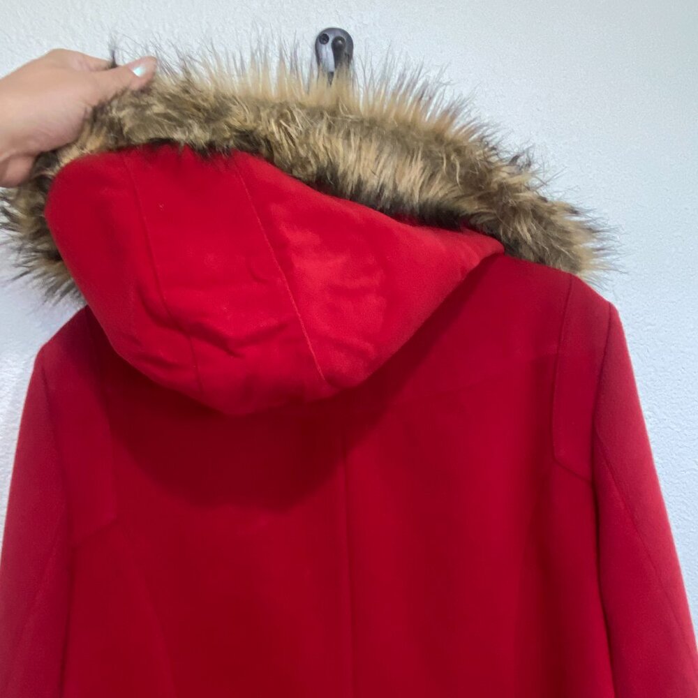 Style & Co Red Wool Blend Toggle Coat Faux Fur Hood XL - Picture 15 of 16